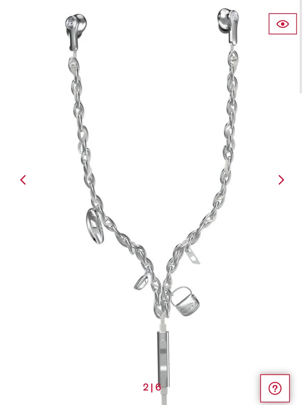Diesel Silver Charm Chain Earphone Necklace with White Cable and Inline Control - Picture 2 of 8